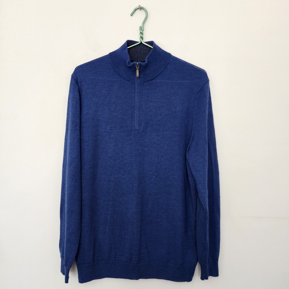 Club Room Mens Blue Merino Wool Blend Quarter Zip Pullover Sweater Size M